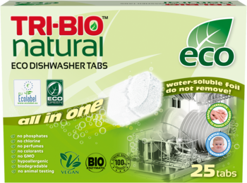 Biało-zielone opakowanie TRI-BIO natural ECO DISHWASHER TABS, 25 sztuk, z napisem all in one i logo eco, vegan.