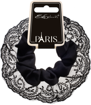 Czarna welurowa scrunchie Ewa Schmitt GLOW z siateczką, z metką PARIS w kształcie wieży Eiffla, frontalny widok.