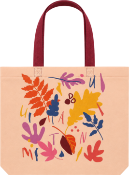 Beżowa torba shopper z czerwonymi uchwytami i kolorowym, jesiennym wzorem liści oraz napisem 'AUTUMN'.