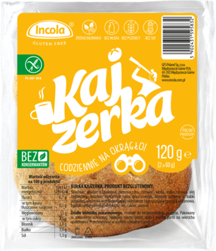 Incola Kajzerka bez glutenu i laktozy, opakowanie z żółtą etykietą. Widoczne dwie miękkie bułki z nacięciem.