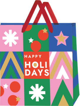 Kolorowa torba prezentowa "Happy Holidays" w graficzne bloki z gwiazdkami i śnieżynkami, czerwone uchwyty.