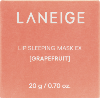 Front view of a square peachy-pink box for LANEIGE Lip Sleeping Mask EX Grapefruit, 20g.