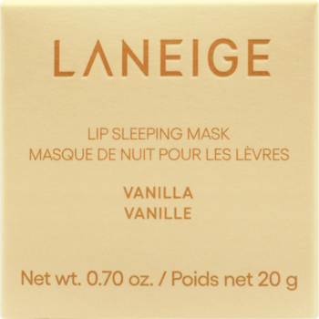 LANEIGE Lip Sleeping Mask Vanilla 20g, jasnobeżowe pudełko z brązowym tekstem, widok z przodu opakowania.