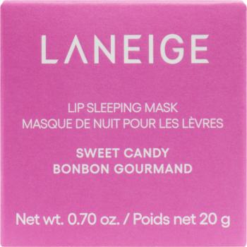 Różowe opakowanie maski do ust Laneige Lip Sleeping Mask Sweet Candy, widok z przodu.