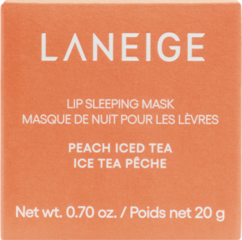 Przednia strona brzoskwiniowego opakowania Laneige Lip Sleeping Mask Peach Iced Tea, z białym tekstem.