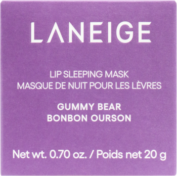 Laneige Lip Sleeping Mask Gummy Bear, fioletowe pudełko z białym tekstem, widok z przodu, 20g.