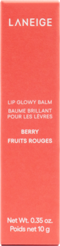 Front view of a coral-pink box for LANEIGE Lip Glowy Balm, Berry flavor, with white text. Net Wt. 10g.