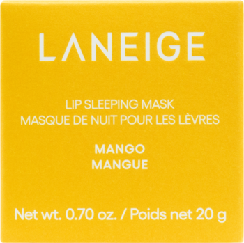 Jasnożółte pudełko Laneige Lip Sleeping Mask Mango, 20g, widok z przodu, białe napisy. Nawilża i regeneruje usta.