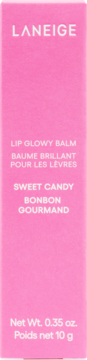 Frontowe ujęcie różowego pudełka Laneige Lip Glowy Balm Sweet Candy, z białym tekstem.