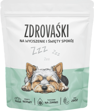 Biało-zielona saszetka Zdrovaśki "Na wyciszenie i święty spokój" dla psów, z yorkiem i hasłem Zzz.