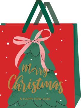 Czerwona torba świąteczna z zieloną choinką, różową kokardą i złotym napisem "Merry Christmas".