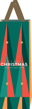 Pionowa zawieszka z geometrycznymi choinkami w zieleni i czerwieni, złotymi kropkami, napisem MERRY CHRISTMAS.