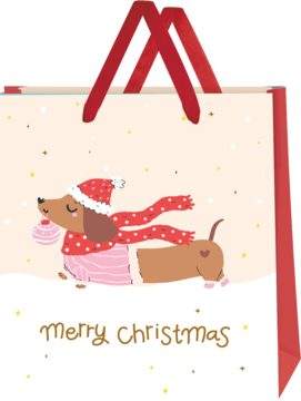 Świąteczna torebka prezentowa beżowa z jamnikiem w czapce i szaliku, napisem "Merry Christmas", czerwone uchwyty.