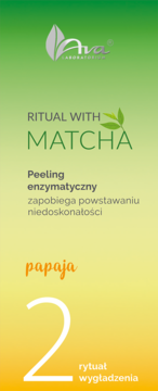 Ava LABORATORIUM Peeling enzymatyczny Matcha i Papaja, pionowa etykieta, zielono-żółte tło, krok 2 wygładzania.