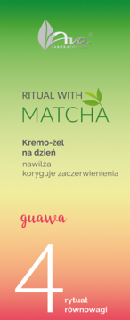 Ava Krem-żel na dzień z matchą i guawą, koryguje zaczerwienienia, nawilża, tło zielono-różowe. Etap 4.