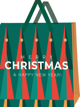 Zielona torba na prezenty z czerwono-złotymi trójkątami i napisem 'Merry Christmas & Happy New Year!'.