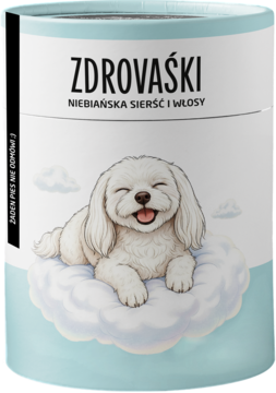 Cylindryczne opakowanie suplementu Zdrovaśki dla psów na sierść. Biało-błękitne, z grafiką psa na chmurze.