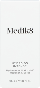 Białe opakowanie Medik8 HYDR8 B5 INTENSE 30ml, serum z kwasem hialuronowym i NMF, widok z przodu.