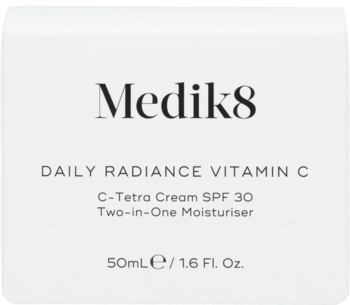 Medik8 Daily Radiance Vitamin C C-Tetra Cream SPF 30, białe opakowanie 50ml, widok z przodu.