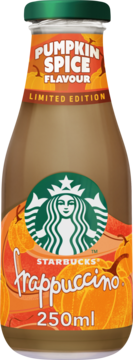 Starbucks Pumpkin Spice Frappuccino 250ml Limited Edition w butelce z pomarańczową etykietą z dyniami.