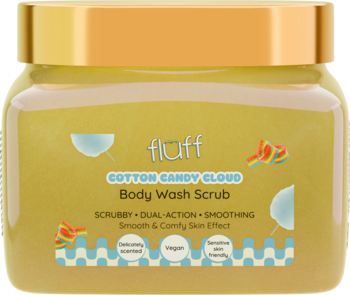 Fluff Cotton Candy Cloud Body Wash Scrub w żółtym słoiku, widok z przodu, złota nakrętka, detale graficzne.