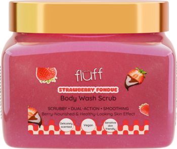 Fluff Strawberry Fondue Body Wash Scrub, różowe kwadratowe opakowanie z złotą zakrętką, widok z przodu.