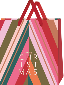 Kolorowa torba prezentowa w ukośne pasy (róż, czerwień, zieleń), z napisem 'merry CHRISTMAS', czerwone uchwyty.