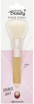 Pędzel do pudru For Your Beauty z bambusową rączką, wegański, w jasnoróżowym opakowaniu, widok z przodu.