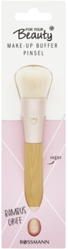 Pędzel For Your Beauty buffer z naturalnym bambusowym uchwytem, wegański, na tle różowego opakowania.