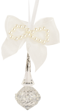 Eloy zawieszka akrylowa kokardka, biała z perłami i błyszczącą, przezroczystą sopelką 12 cm.