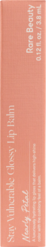 Rare Beauty Stay Vulnerable Glossy Lip Balm in Nearly Petal. Vertical peach box, side view, showing product name & size.