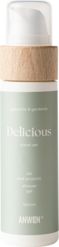 Anwen Delicious żel pod prysznic Pistachio & Gardenia 100ml. Jasnozielona butelka z drewnianym pierścieniem, widok z przodu.