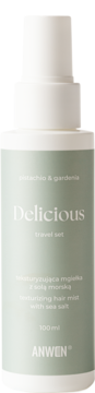 Anwen Delicious texturizing hair mist with sea salt, 100ml, white bottle, light green label, front view.