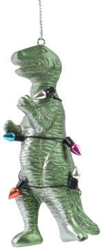 Eloy świąteczny dinozaur: zielony T-Rex z kolczastą obrożą i kolorowymi lampkami na czarnym tle.