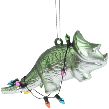 Eloy zawieszka świąteczny dinozaur: metaliczny zielony triceratops ozdobiony miniaturowymi lampkami, widok z boku.