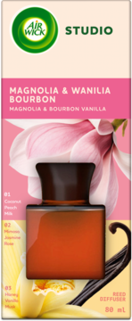 Air Wick Studio reed diffuser, Magnolia & Bourbon Vanilla, 80ml. Front of pink box with magnolia, vanilla art.
