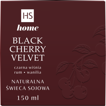 Bordowa świeca sojowa HS Home Black Cherry Velvet 150ml, z białym tekstem i grafiką wiśni na opakowaniu.