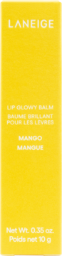 Żółte, prostokątne pudełko Laneige Lip Glowy Balm Mango, widok z przodu, z białymi napisami.