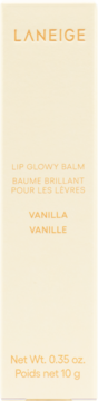 LANEIGE Lip Glowy Balm Vanilla w beżowym pudełku, widok z przodu, z pomarańczowymi napisami.