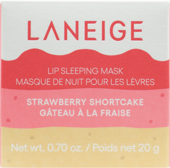 Front view: Laneige Lip Sleeping Mask Strawberry Shortcake box. Layered white, pink, yellow design, red text.