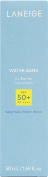 LANEIGE Water Bank UV Barrier Sunscreen SPF 50+ PA++++ w jasnoniebieskim pudełku, widok z przodu.