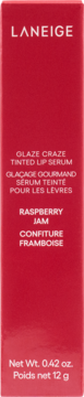 Czerwone, prostokątne pudełko Laneige Glaze Craze Tinted Lip Serum Raspberry Jam 12g, z białym tekstem, widok z przodu.