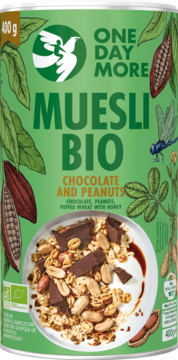 One Day More Muesli Bio Czekolada i Orzeszki Ziemne, zielone opakowanie 400g, z miską gotowego musli.