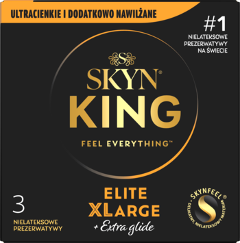 Czarne opakowanie prezerwatyw SKYN KING Elite XLARGE Extra Glide, nielateksowe, ultracienkie, nawilżane.