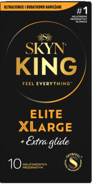 Front czarnego opakowania SKYN KING Elite XLARGE nielateksowych prezerwatyw z dodatkowym nawilżeniem, 10 sztuk.