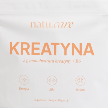 Biała torebka Natu.Care Kreatyna, suplement diety, pomarańczowy napis, 5g monohydratu + B6, widok z przodu.