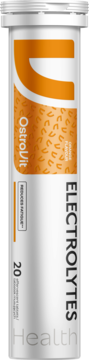 Biała tuba OstroVit Electrolytes, widok z przodu. Pomarańczowa etykieta, 20 tabletek musujących, REDUCES FATIGUE.