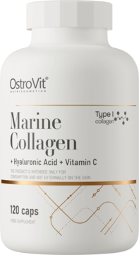 Biała butelka OstroVit Marine Collagen Type I z kwasem hialuronowym, witaminą C, 120 kapsułek, widok z przodu.