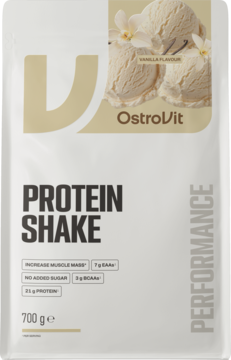 Biała saszetka OstroVit Protein Shake, smak waniliowy. Widok z przodu, ilustracja lodów waniliowych, napis 700g.