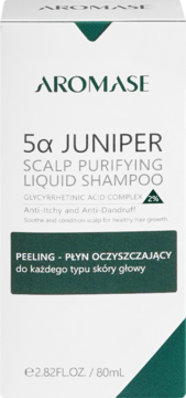 AROMASE 5α JUNIPER Scalp Purifying Liquid Shampoo 80ml, peeling do skóry głowy, białe pudełko.